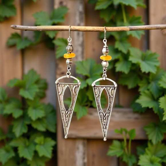 Antique Silver and Yellow glass Geometric Dangle Earrings - Picture 2 of 11